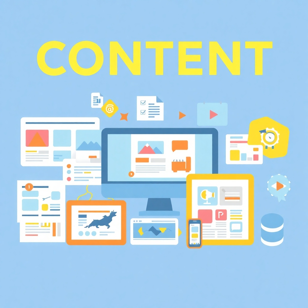 Create an image depicting a variety of content formats, such as blog posts, videos, infographics, and social media posts, all visually appealing and engaging. Use a vibrant color palette. Technical specs: 4K resolution, clean and professional design, bright and engaging imagery.