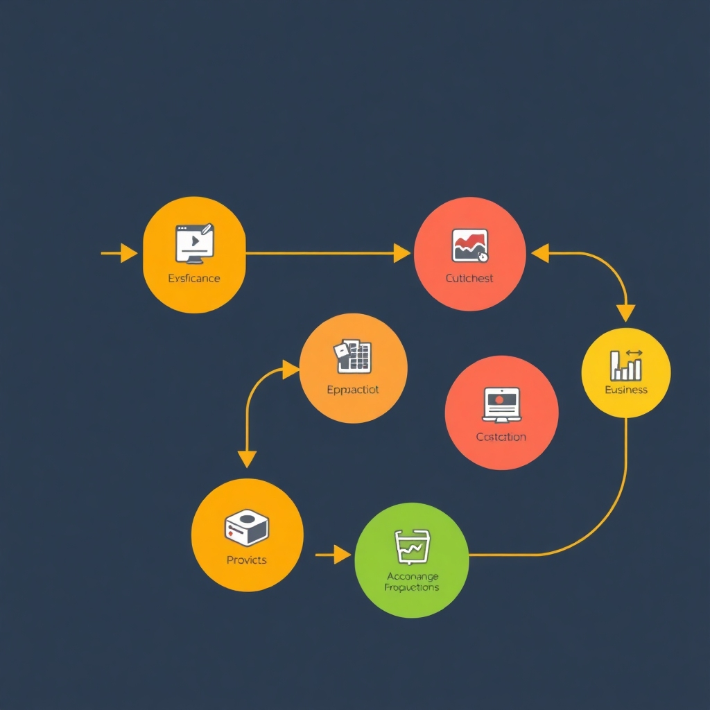 Depict a stylized flow chart illustrating streamlined processes, using arrows, icons, and color-coded sections. The image should communicate efficiency and optimization. Technical specs: 4K resolution, modern style, clear visual representation of process flow.