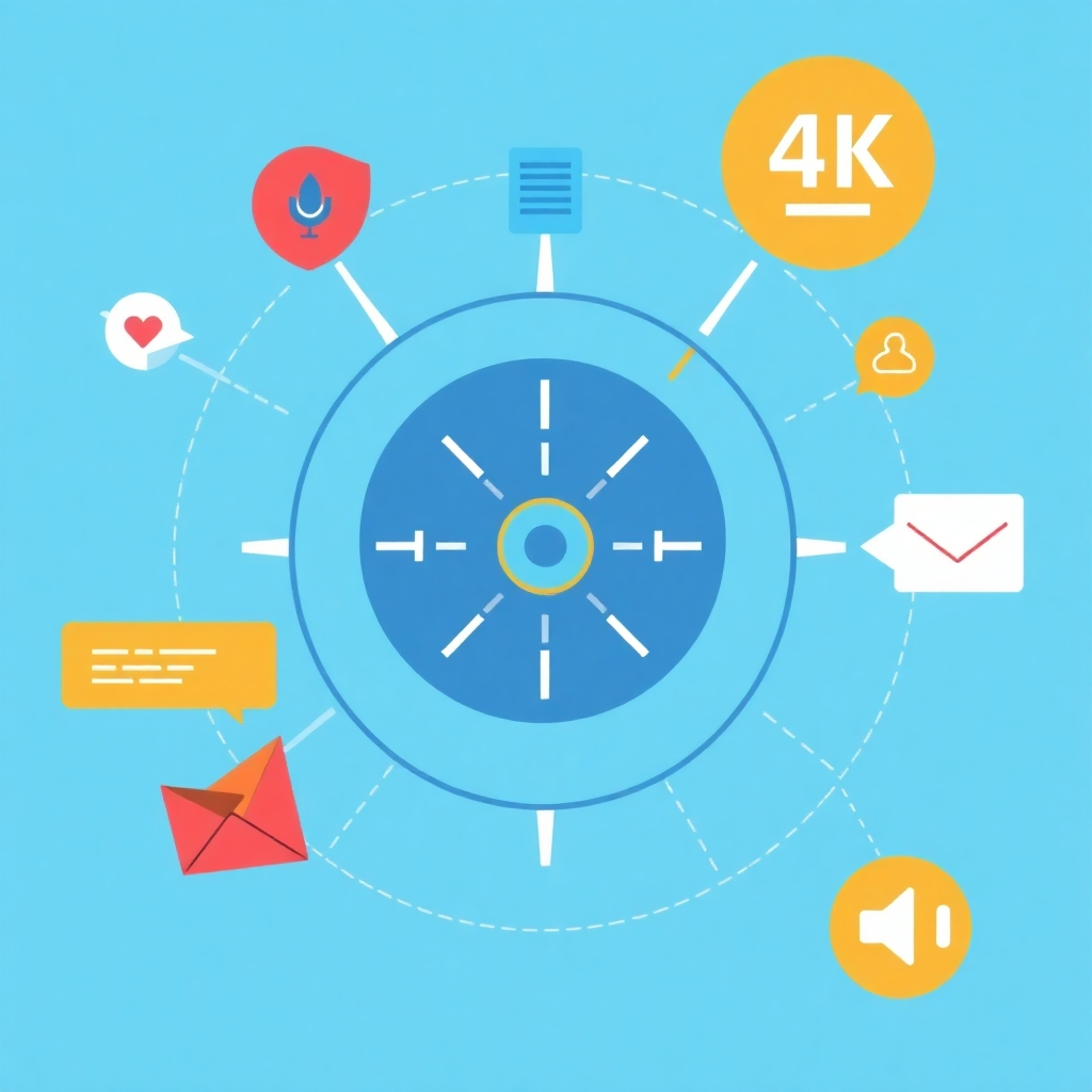 Generate a stylized image representing targeted advertising using icons and graphic elements, implying a sophisticated targeting system that reaches the exact right audience. Use bold colors and modern graphics. Technical specs: 4K resolution, clean and modern design, use of icons and graphic elements.