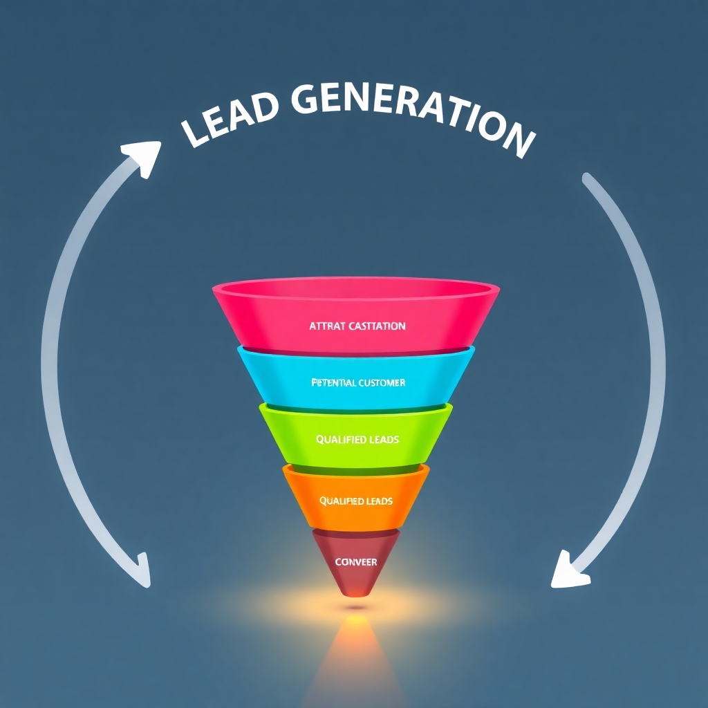 Generate an image depicting a funnel representing the process of lead generation, from attracting potential customers to converting them into qualified leads.  Use bright colors to represent each stage of the funnel. Technical specs: 4K resolution, clean and professional design, use of a funnel diagram.