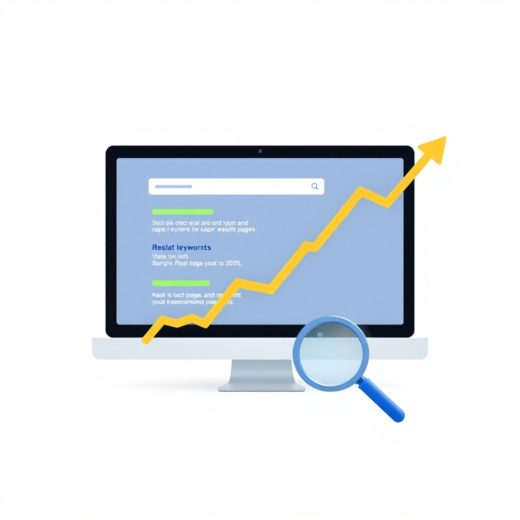 Generate an image illustrating a website ranking highly in search engine results pages (SERPs), with visible keywords and a positive ranking. Use a clear and professional design. Technical specs: 4K resolution, professional design, clear visual representation of search engine results.