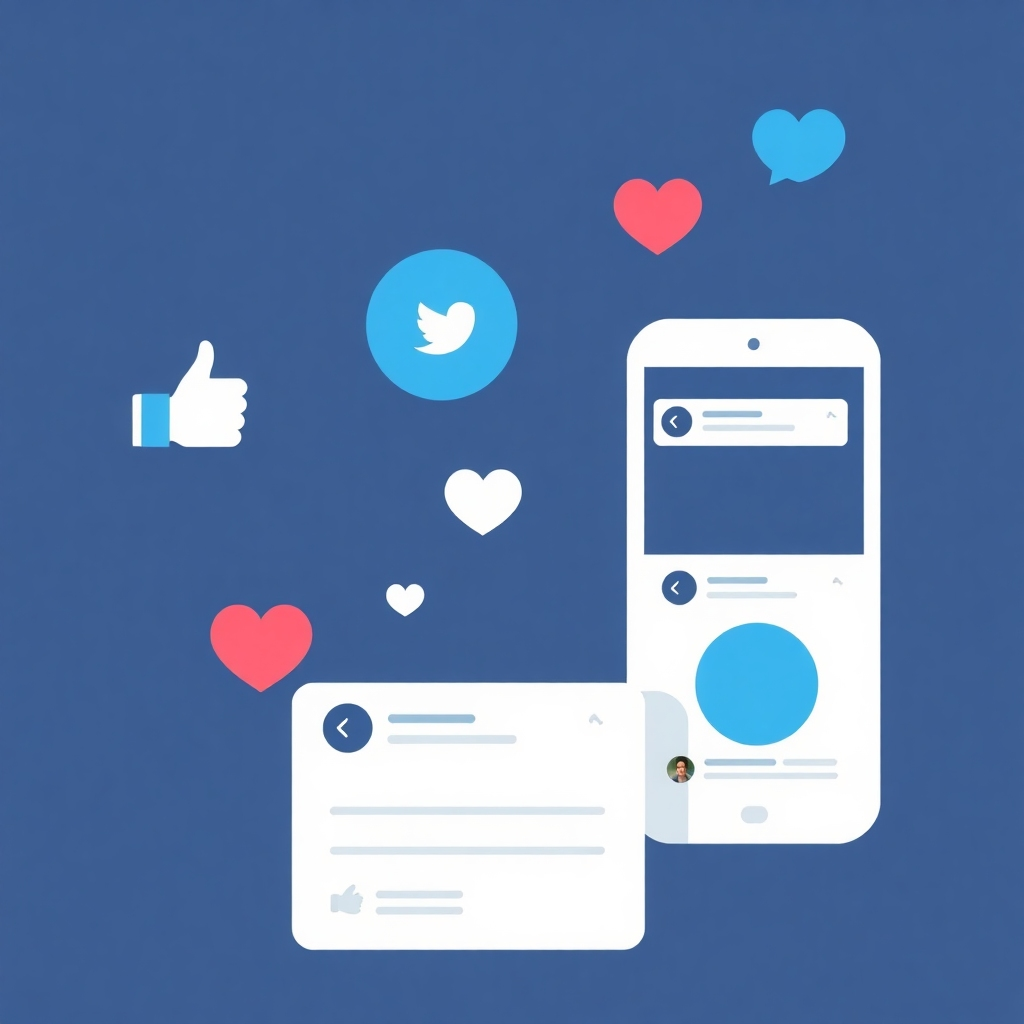 Image depicting social media platforms with positive engagement metrics (likes, shares, comments), using recognizable social media icons and a modern design. Technical specs: 4K resolution, clean and modern design, use of social media icons and elements.