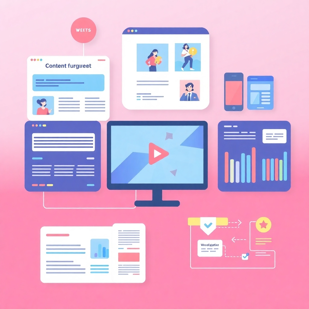 Image depicting various content formats (blog post, video, infographic) organized in a visually appealing and engaging way. Use a vibrant color palette. Technical specs: 4K resolution, clean and professional design, bright and engaging imagery.