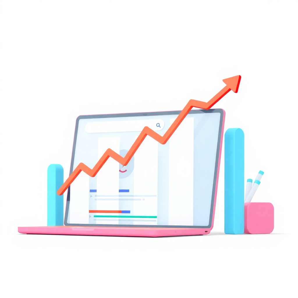 Image illustrating a website ranking highly in search engine results pages (SERPs), using recognizable search engine elements and vibrant colors. Technical specs: 4K resolution, professional design, use of search engine interface elements.