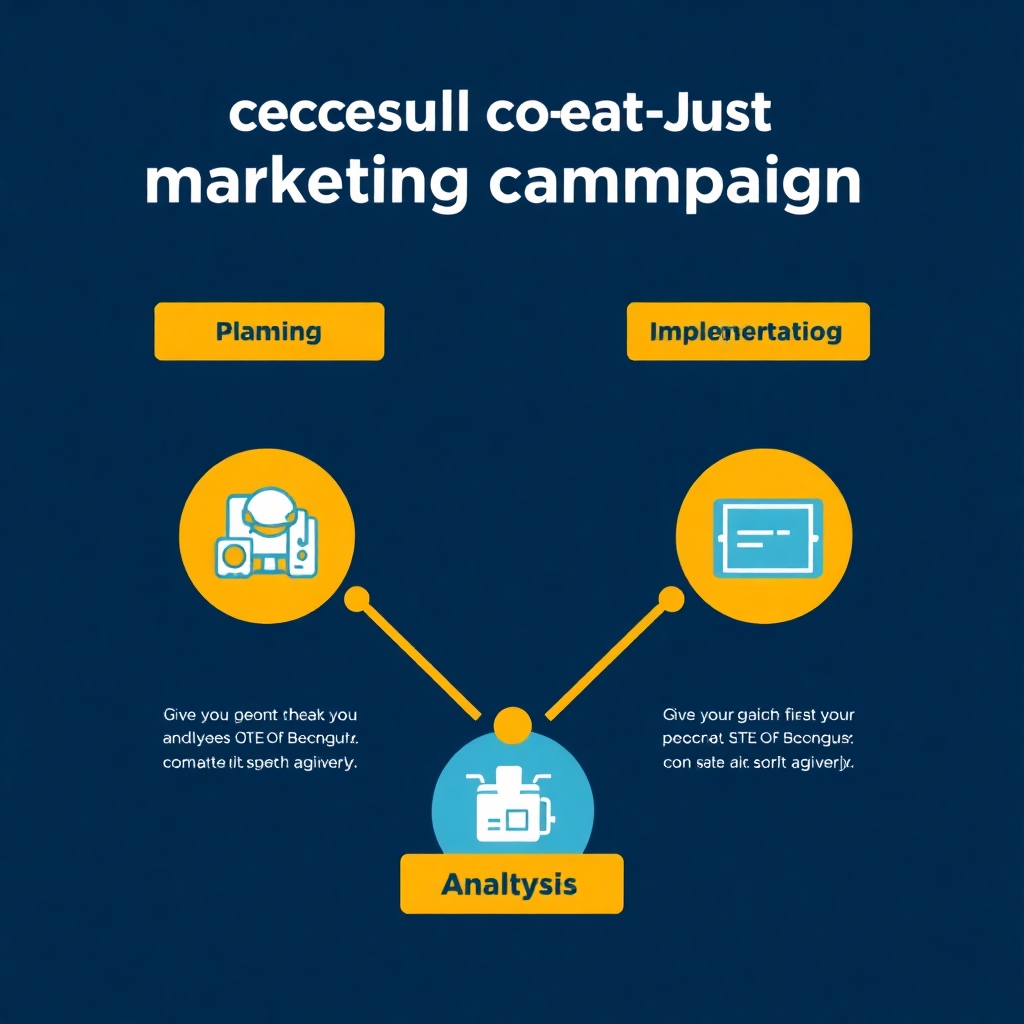Image representing the different stages of a successful marketing campaign; planning, implementation, monitoring and analysis.  The image should be simple and easy to understand, using different colors to show the stages and progression.