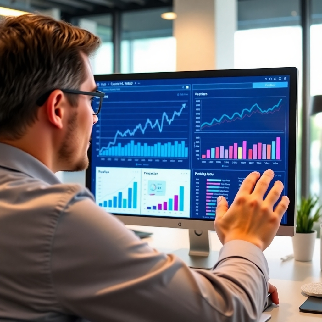Photorealistic image showing a person analyzing data on a computer screen, displaying charts and graphs showing positive growth.  The setting could be a modern office, with the focus on the screen data and the person's focused expression. The scene should communicate the idea of insightful analysis and optimization. Color palette: professional and clean, with the screen displaying engaging and positive graphs.