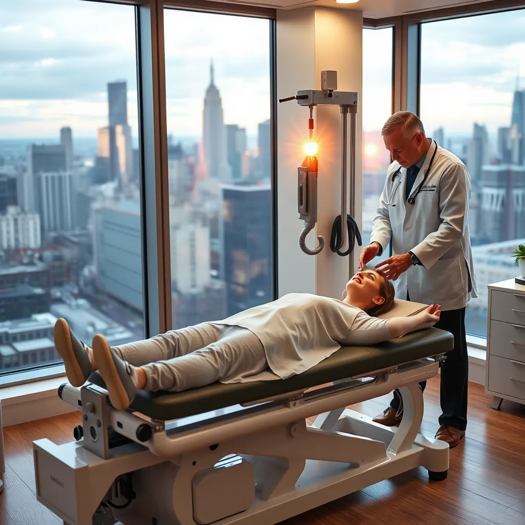 A brightly lit chiropractic clinic in Manhattan, featuring a patient receiving spinal decompression therapy on a specialized machine, with a chiropractor overseeing the treatment and a view of the city skyline in the background.
