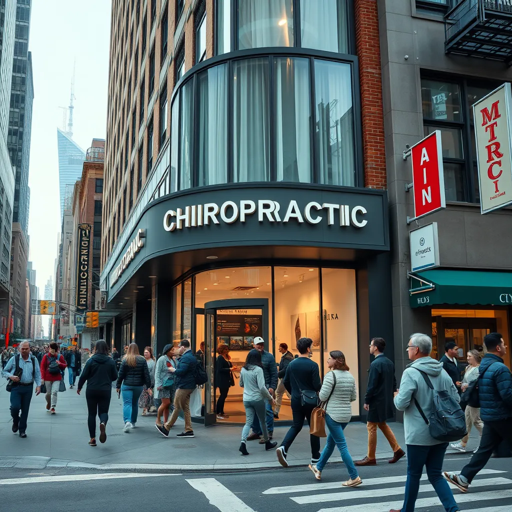 A bustling street scene in Manhattan with a prominent chiropractic clinic building. People of diverse backgrounds are entering and exiting the clinic, showcasing its accessibility and popularity. The clinic should have a modern and inviting exterior, with signage clearly displaying its services.