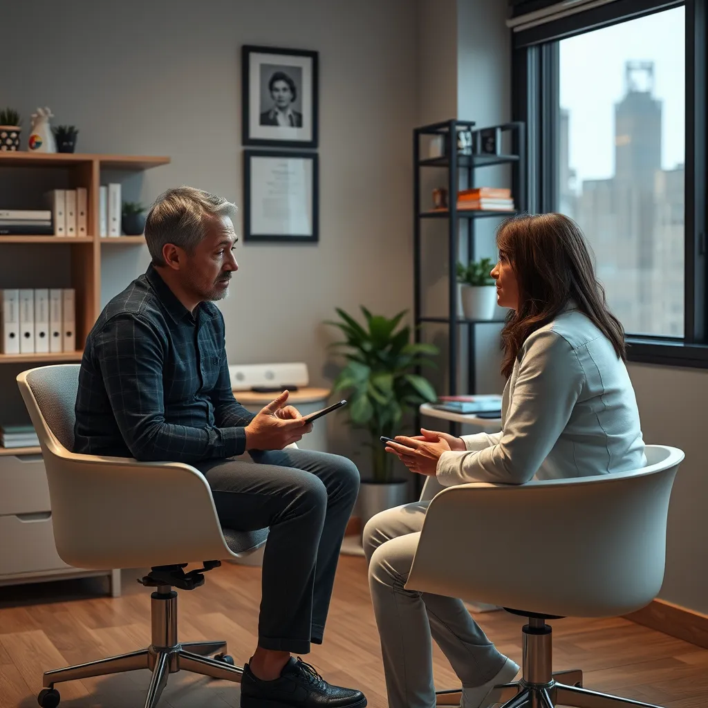 A chiropractor in a Manhattan office, sitting with a patient, discussing their lifestyle habits and providing recommendations for exercises, nutrition, and stress management.