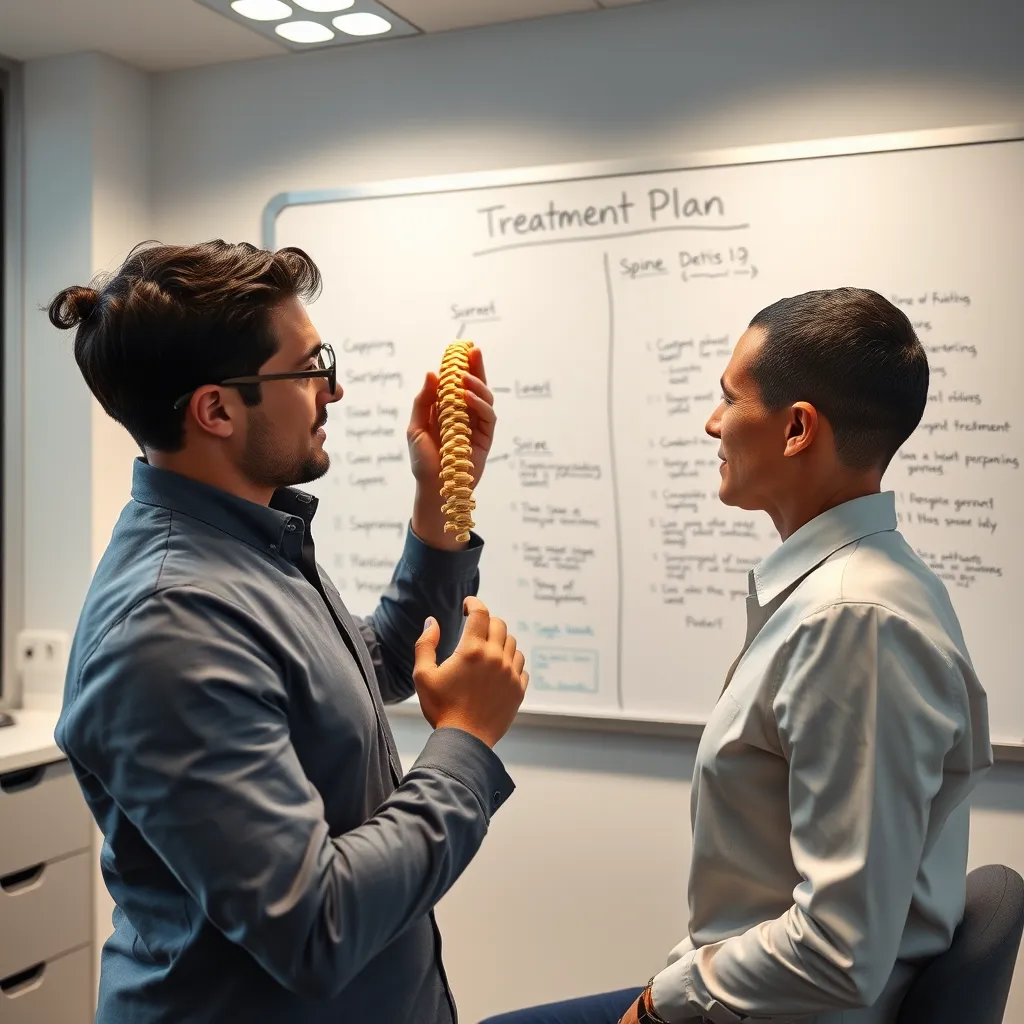 A chiropractor in a modern Manhattan office, examining a patient's spine with a gentle touch, while a whiteboard behind them shows a personalized treatment plan with diagrams and notes.