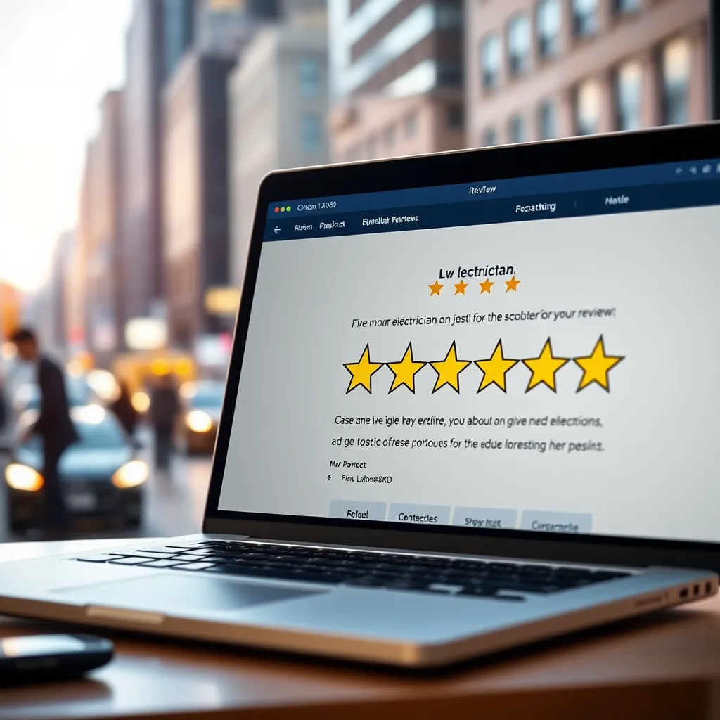 A close-up shot of a laptop screen displaying a glowing five-star review for an electrician on a popular review website. The laptop is placed on a table in a brightly lit office setting. The background should be a blurred image of a bustling Manhattan street with people and cars.