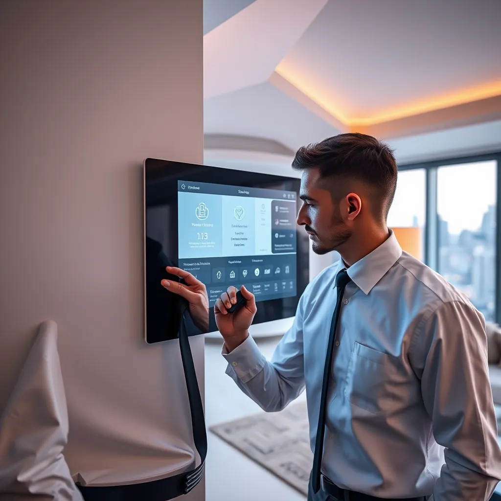 A close-up shot of a sleek and modern smart home hub, seamlessly integrated into a stylish Manhattan penthouse. The electrician, wearing a clean white shirt and a black tie, is configuring the system, demonstrating its user-friendly interface. The lighting is soft and diffused, creating a warm and inviting atmosphere. The background features a minimalist living space with floor-to-ceiling windows offering stunning city views. The image should showcase the elegance and sophistication of the smart home system, while highlighting the expertise and professionalism of Business Name Here LLC. Rendered in a photorealistic style with 8K resolution and ultra-detailed textures.