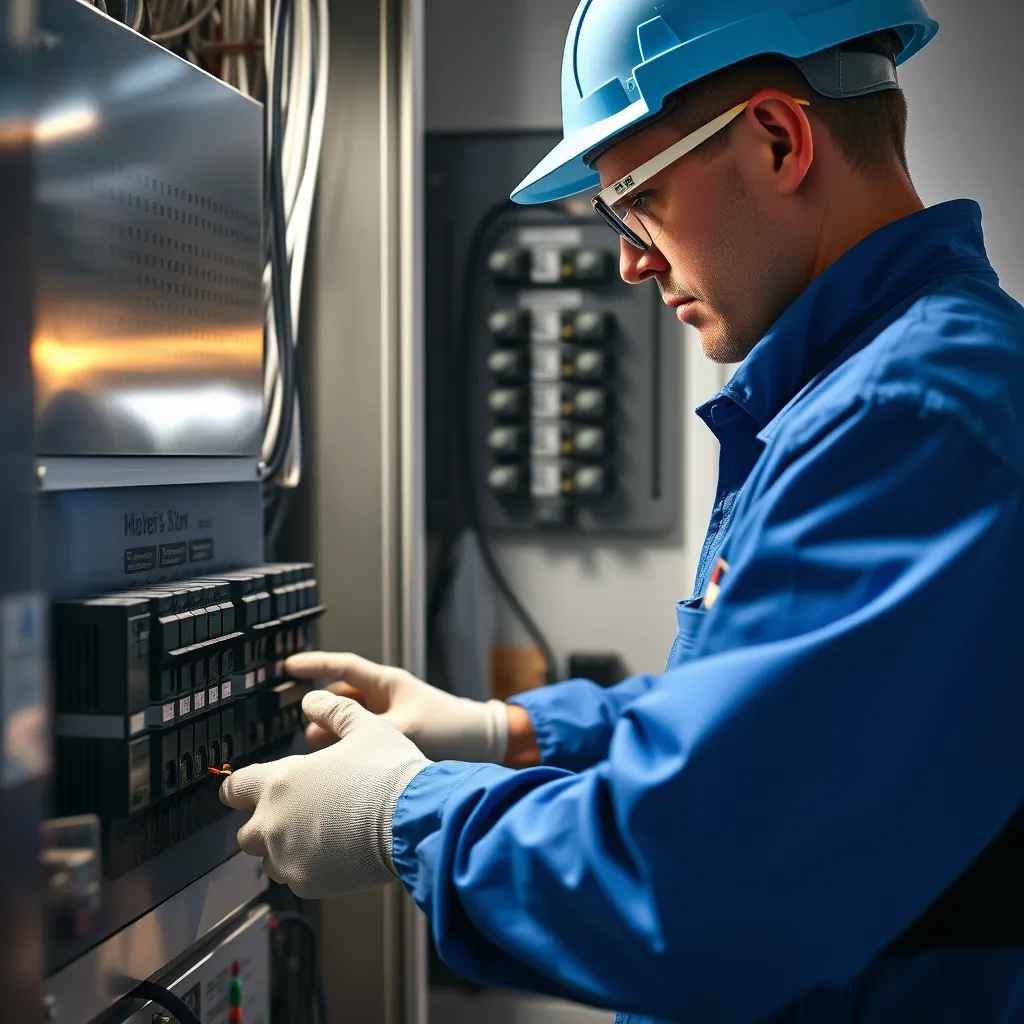A close-up shot of an electrician in a clean blue uniform, wearing safety glasses and gloves,  working on a modern electrical panel upgrade in a renovated Manhattan apartment. The panel is sleek and metallic, with clearly labeled breakers. The lighting is bright and focused on the electrician's hands as they work, highlighting the detail of the wiring and connections. The background is blurred, showing a glimpse of a stylish modern kitchen with stainless steel appliances. The image should capture a sense of professionalism and expertise, showcasing the high-quality work and attention to detail of Business Name Here LLC. Rendered in a photorealistic style with 8K resolution and ultra-detailed textures.