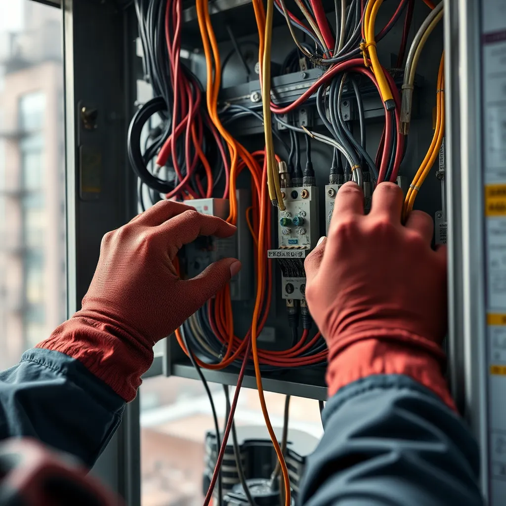 A close-up shot of an electrician's hands working on a complex electrical panel, showcasing intricate wiring and professional tools. The background should be a blurred view of a modern Manhattan apartment building, emphasizing the urban setting.