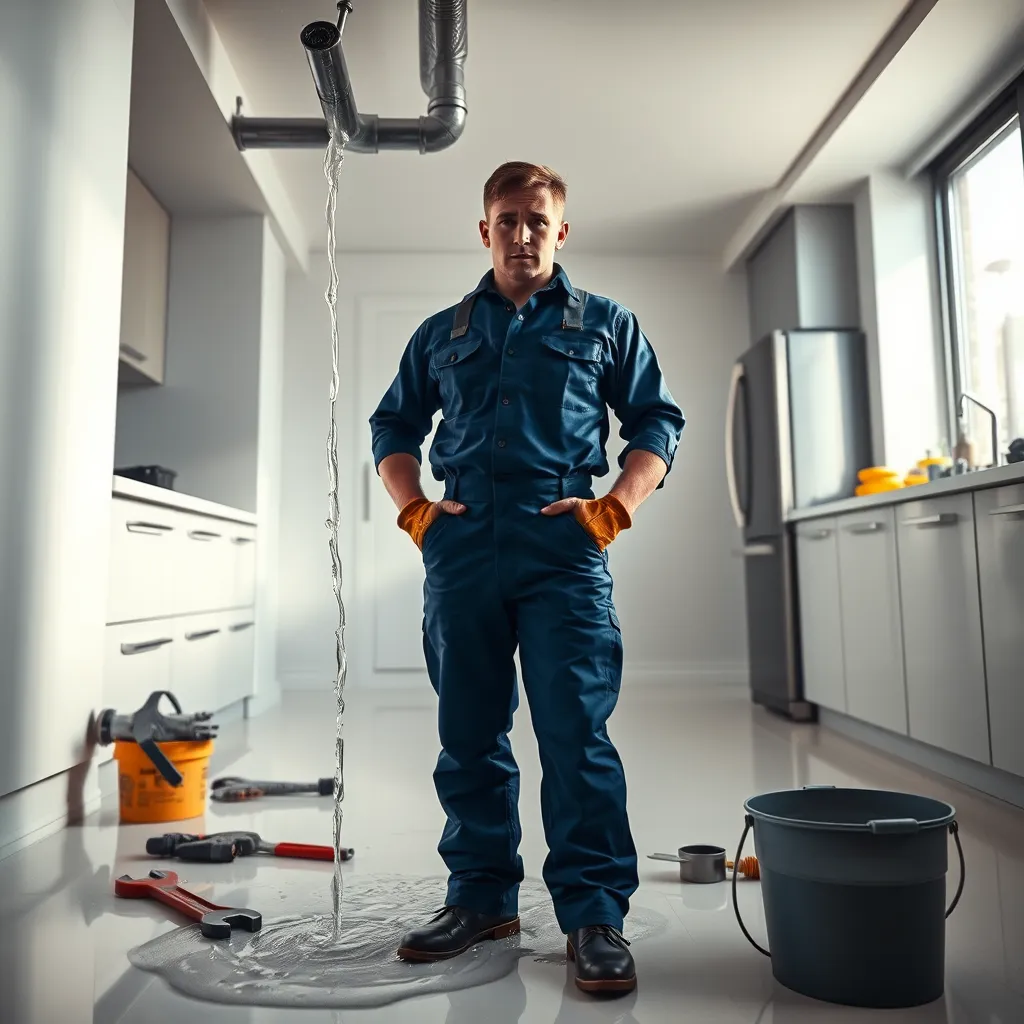 A dramatic photorealistic image of a plumber in a blue jumpsuit, standing in a brightly lit, modern Manhattan apartment, looking directly at the camera with a concerned expression. The scene is chaotic, with water dripping from a burst pipe onto a pristine white kitchen floor. There are tools scattered around, including a wrench, pipe cutters, and a bucket. Soft, diffused lighting illuminates the scene, emphasizing the water droplets and the plumber's determined expression. The image should be captured from a low angle, emphasizing the plumber's tall stature and the gravity of the situation.  The colors should be vibrant and slightly desaturated, reflecting the urgency of the situation. The image should be 8K resolution and ultra-detailed, highlighting the texture of the pipes, the worn leather of the plumber's gloves, and the gleam of the metal tools. The background should be slightly blurred to focus on the plumber and the damaged pipe. The overall mood should be one of urgency and professionalism.