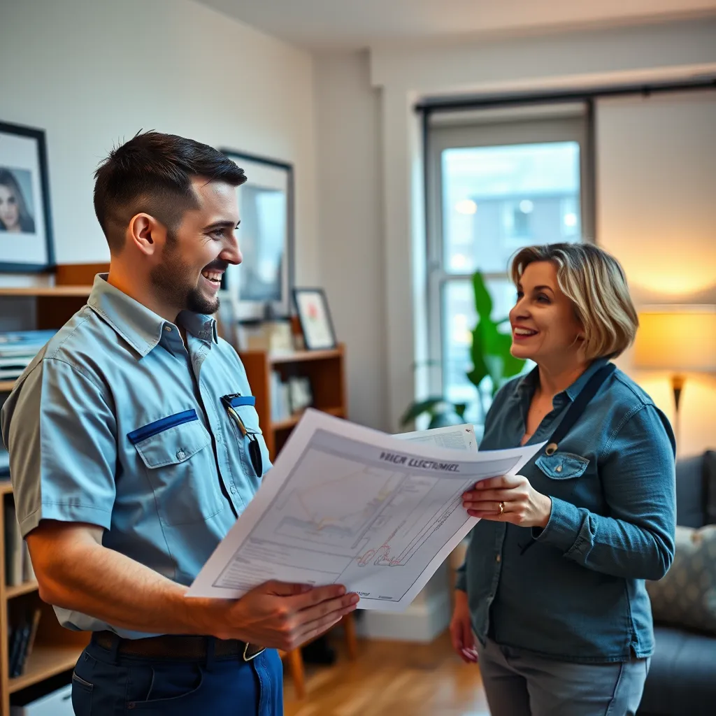 A friendly electrician in a clean uniform is explaining a wiring diagram to a satisfied homeowner in their Manhattan apartment. They are both smiling and engaging in a positive conversation, highlighting the professional and approachable service provided.