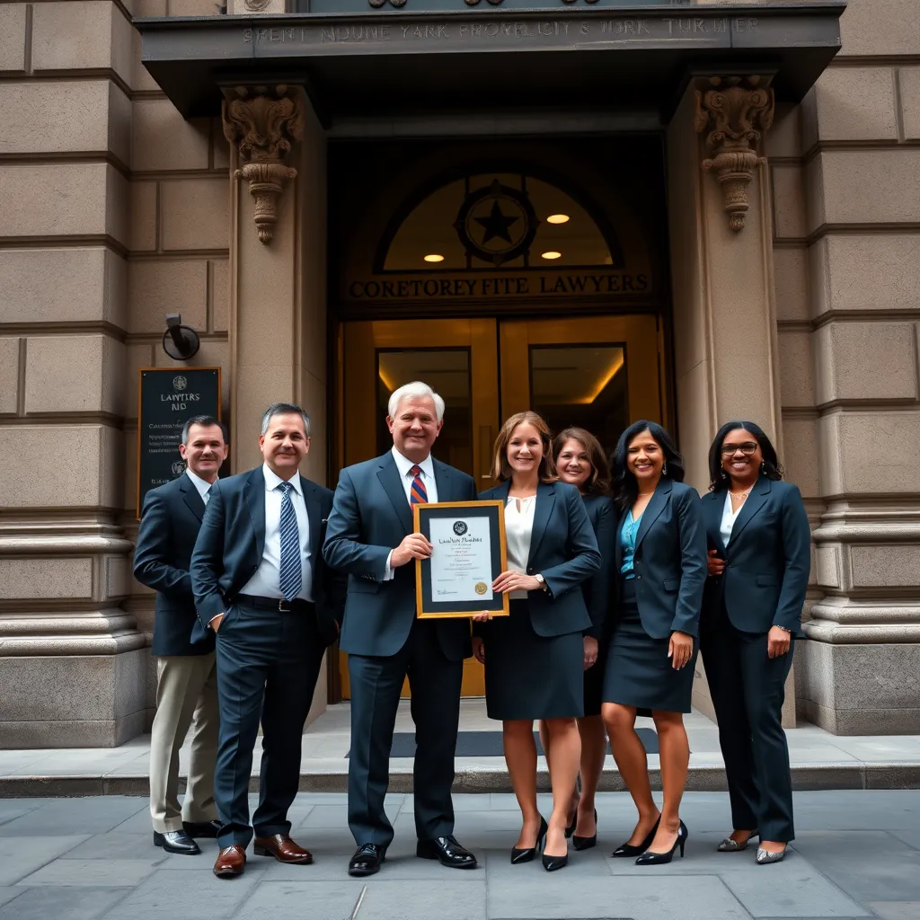 A group of diverse lawyers, including both men and women, in professional attire, standing confidently outside a grand, historical building in New York City, holding a prestigious award with a proud expression.