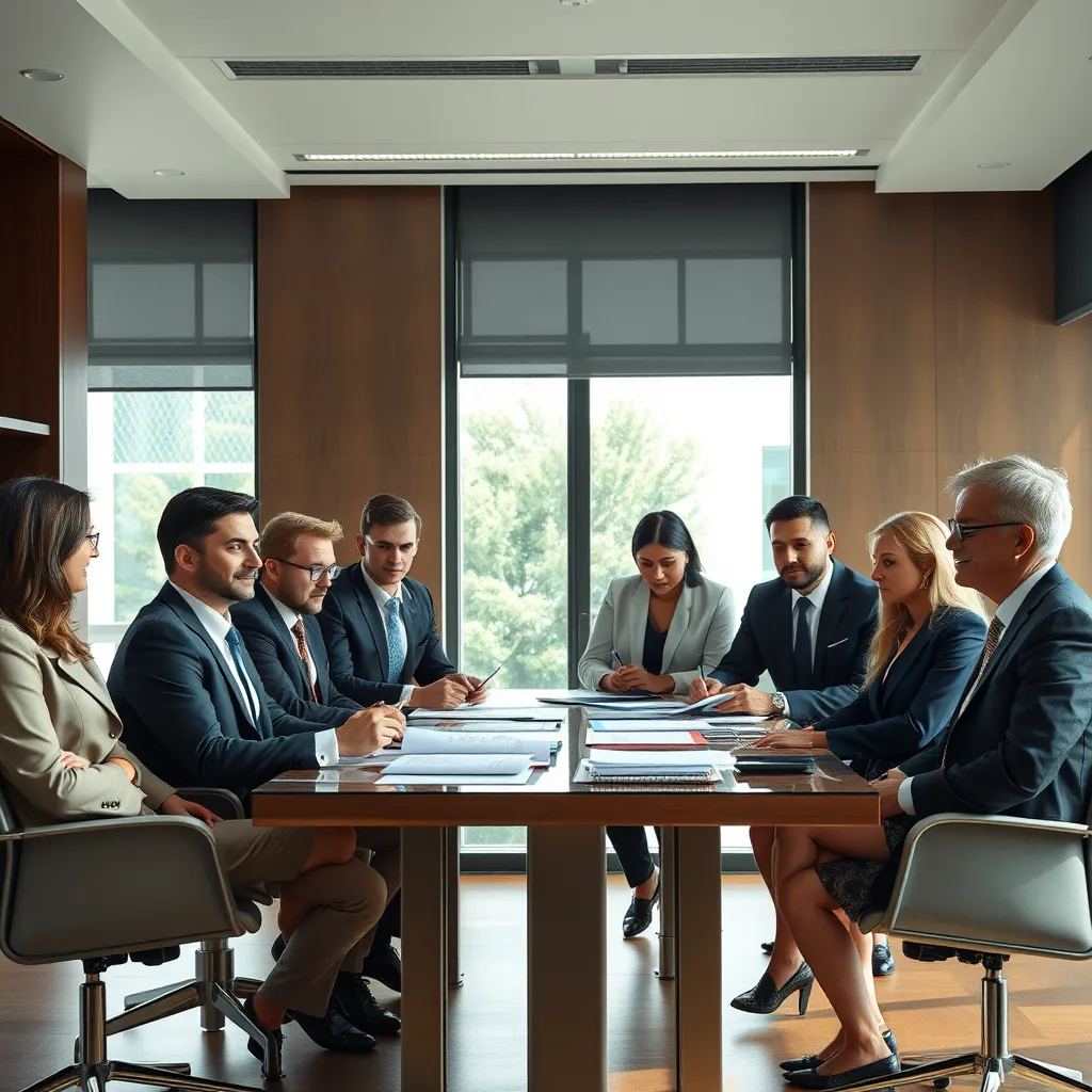 A group of diverse lawyers in professional attire are gathered around a table in a modern law firm office, discussing legal documents. Natural light streams in through large windows, highlighting the seriousness and expertise of the scene.