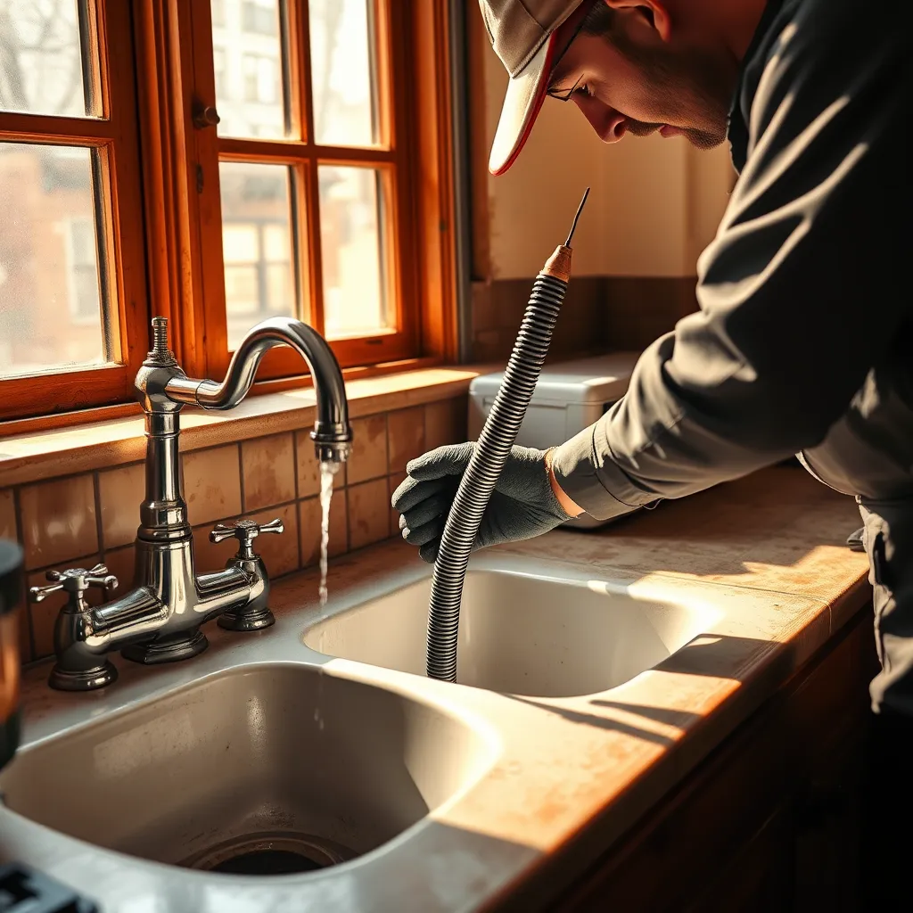 A high-resolution photograph of a plumber in a professional uniform, using a powerful drain snake to clear a clogged kitchen sink in a classic Manhattan brownstone apartment. The scene is lit by warm, natural light streaming through a large window, creating a contrast with the darkness of the clogged drain. The plumber is focused on their work, their hands deftly maneuvering the drain snake. The image should capture the texture of the drain snake's metal coil, the gleaming chrome of the sink fixture, and the intricate details of the brownstone's interior. The composition should be centered on the plumber's hands and the drain snake, emphasizing the precision and effectiveness of their work. The background should feature a vintage-style kitchen with warm wooden cabinets and a rustic tiled countertop. The overall mood should be one of efficiency and competence.