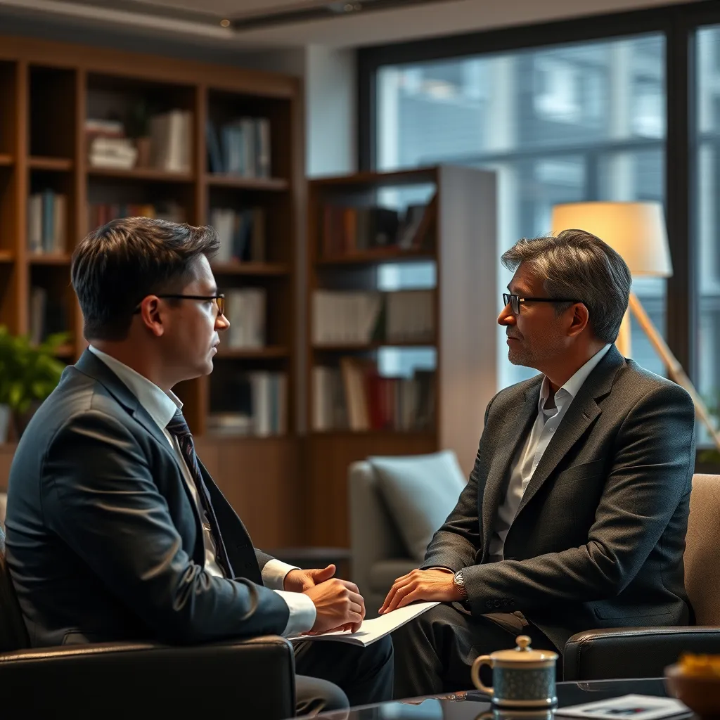 A lawyer and client are having a conversation in a comfortable office setting. The lawyer is attentively listening to the client's concerns, emphasizing the importance of building trust and understanding.