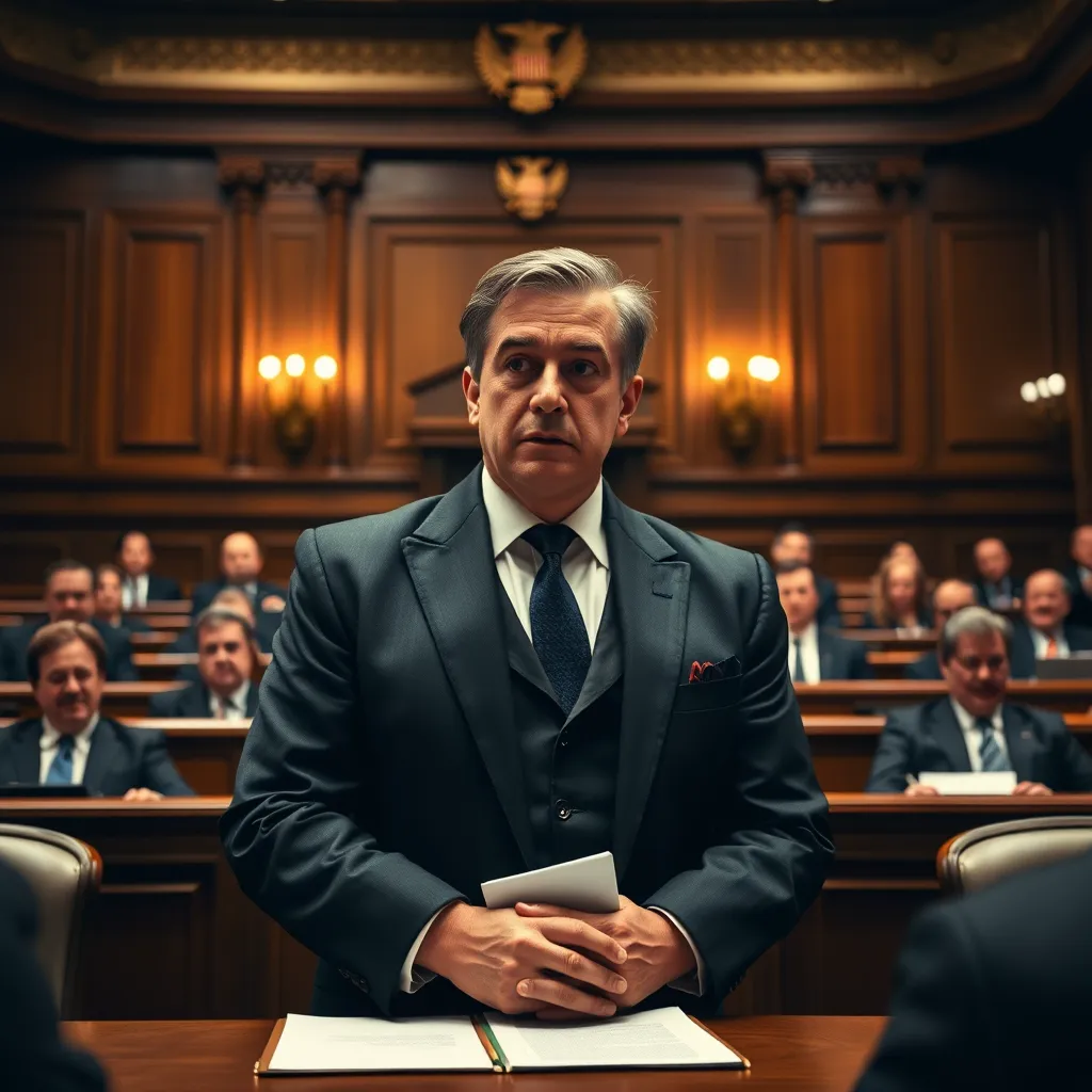 A lawyer in a courtroom, confidently addressing the judge and jury. The courtroom is filled with legal professionals, highlighting the intensity and importance of the legal proceedings.