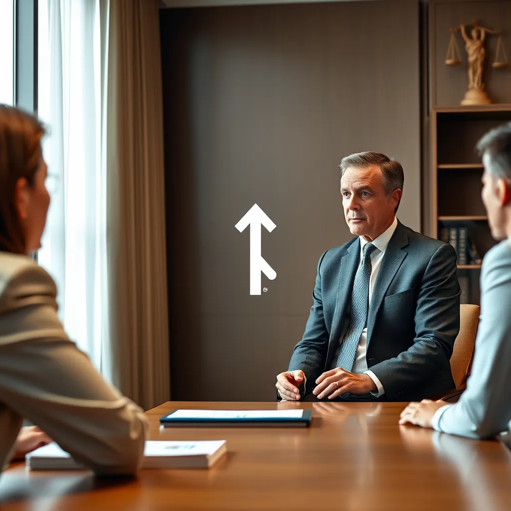 A lawyer in a professional suit sitting across a table from a client, engaging in a conversation, with a visual representation of a strong communication flow, such as a double arrow between them, signifying the importance of clear communication in a legal setting