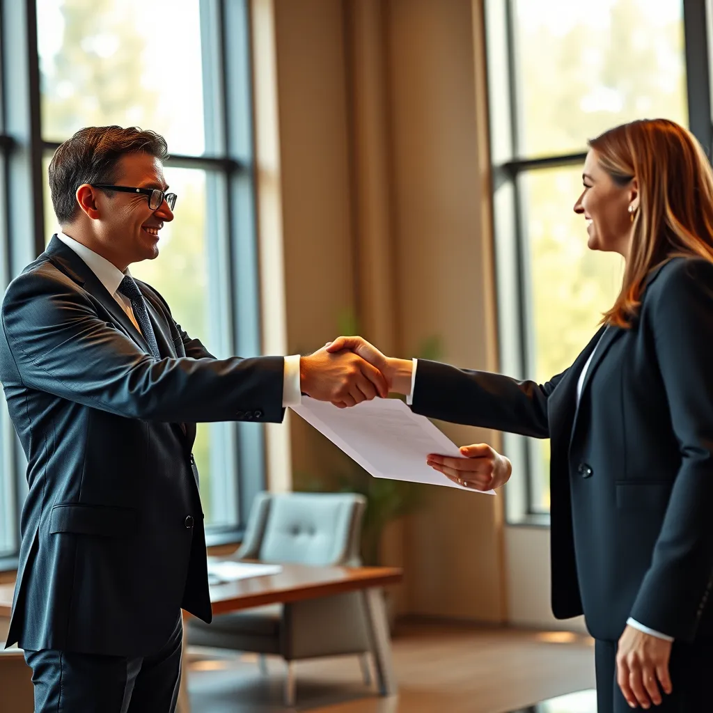 A lawyer in a sharp suit warmly shaking hands with a client, exchanging a confident smile and a document in a modern, luxurious office setting with natural light streaming in from large windows.