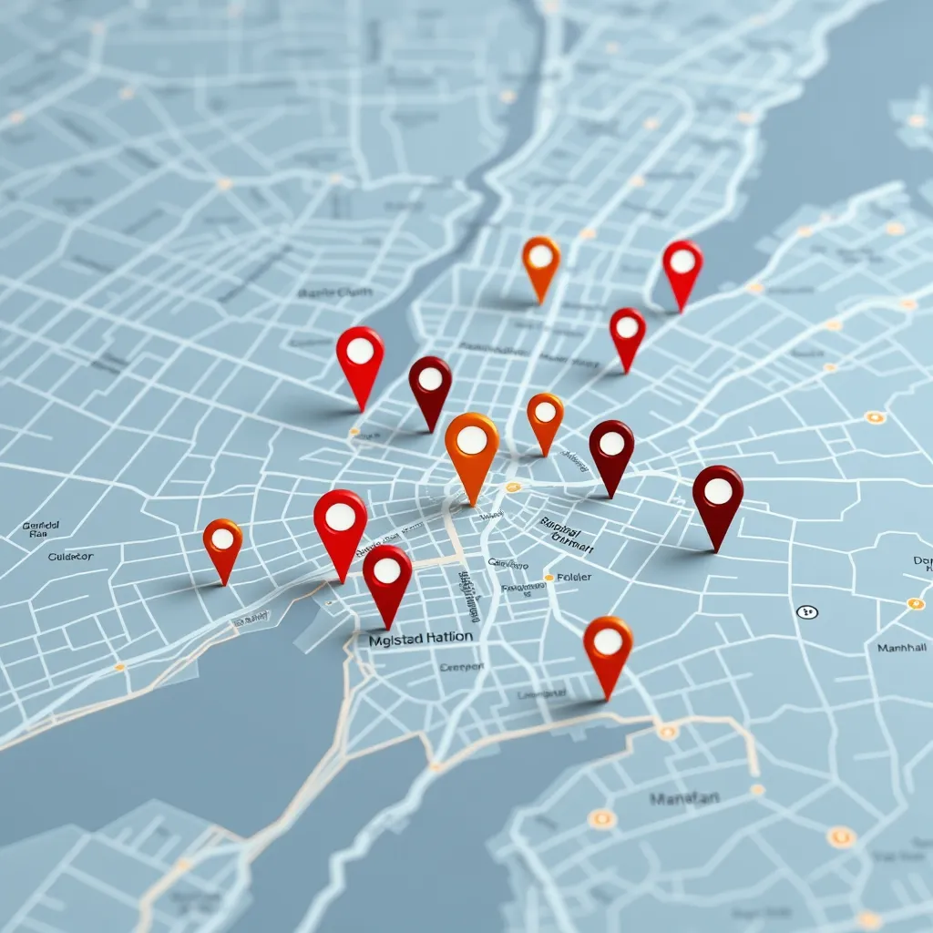 A map of Manhattan with multiple pins marking different chiropractic clinic locations. The map should be visually appealing with clear markers and a modern design. The image should convey ease of access to care throughout the city.