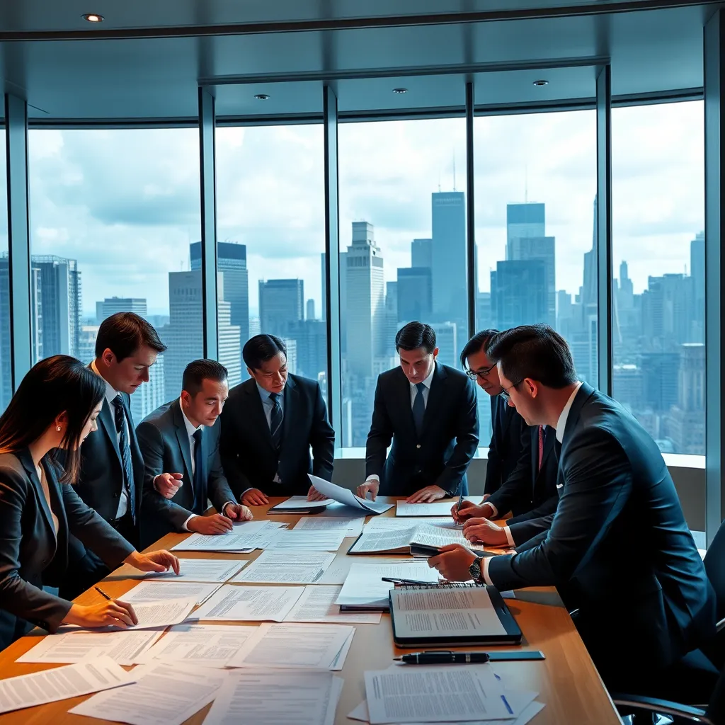 A modern, sleek office space with lawyers in suits, collaborating around a large table covered in legal documents, representing diverse backgrounds, all focused on a project.  The backdrop is a panoramic view of New York City skyline with sleek modern buildings.