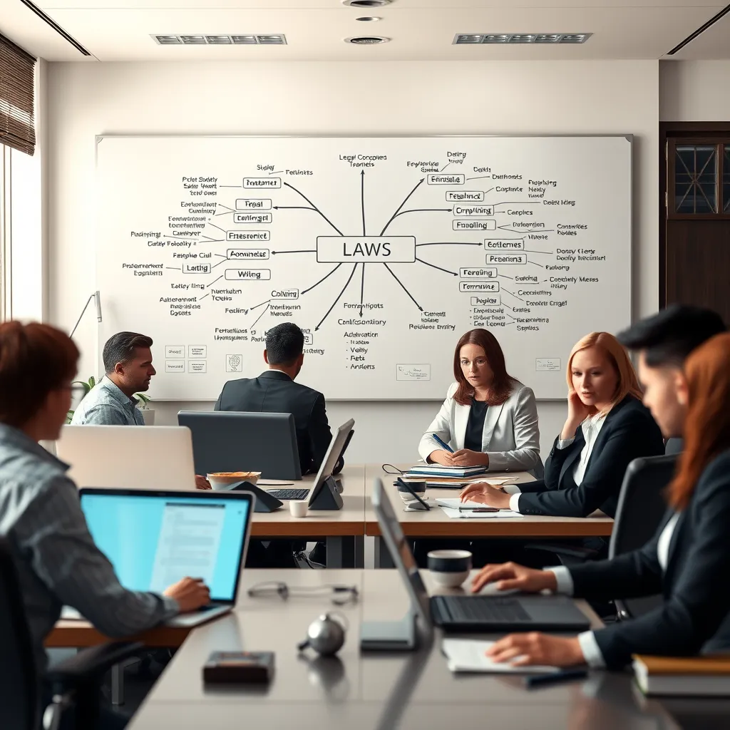 A modern law firm office with a diverse team of lawyers working at their desks, with a whiteboard displaying a mind map of legal concepts and keywords, symbolizing the importance of defining needs and specific services