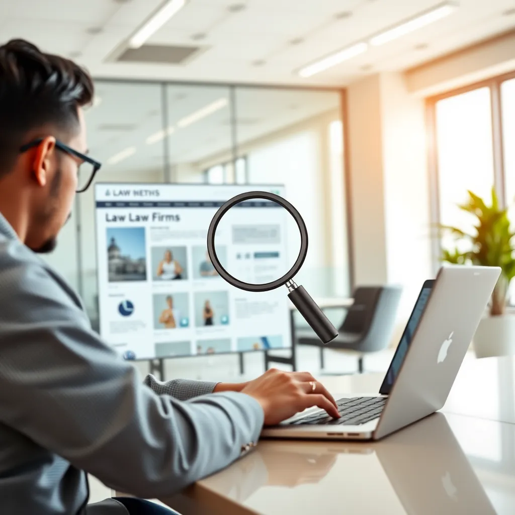 A person sitting at a laptop in a bright, modern office space, researching law firms on a website, with a magnifying glass icon hovering over a computer screen, symbolizing the process of researching and comparing legal services