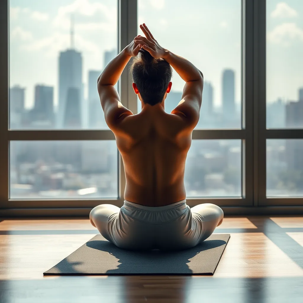 A person sitting on a yoga mat, stretching and performing exercises, with a city skyline view from a window in the background. The image should capture a sense of calm and tranquility, with natural light and soothing colors.