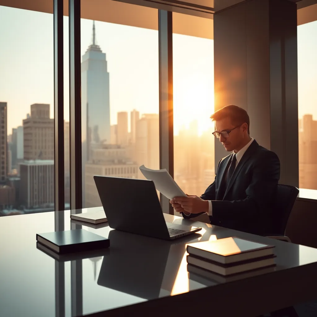 A photorealistic, high-resolution image of a sleek, modern office space in New York City. The scene should be focused on a lawyer at a desk, meticulously reviewing legal documents. Natural sunlight streams through large windows, illuminating the room in a warm, golden glow. The lawyer is dressed in a sharp, dark suit, creating a sense of professionalism and expertise. The desk is clean and organized, featuring a high-end laptop, legal books, and a stylish pen holder. The backdrop is a cityscape view of iconic New York buildings, suggesting the firm's strong presence in the city. The image should capture a sense of confidence, precision, and success, reflecting the firm's commitment to providing high-quality legal services. Style: Cinematic, with a focus on detail and realism. Resolution: 8K, hyperrealistic, ultra-detailed.