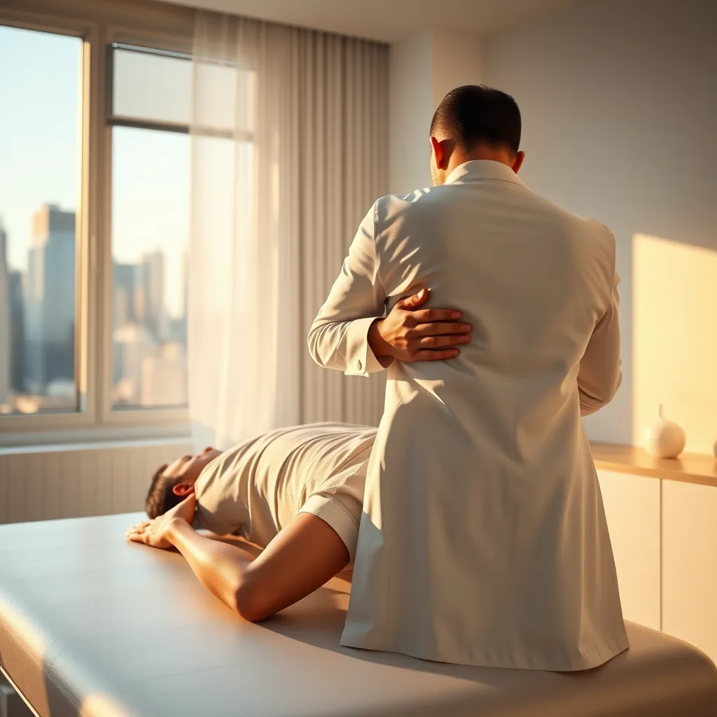 A photorealistic, ultra-high quality image of a chiropractor adjusting a patient's spine in a modern, well-lit Manhattan chiropractic office. The chiropractor is wearing a white coat and the patient is lying on a chiropractic table. The room is clean and bright, with a window overlooking the city skyline. Soft, diffused lighting illuminates the scene, casting a warm glow. The focus is on the chiropractor's hands adjusting the patient's spine, highlighting the precision and care of the technique. The image should evoke a sense of relaxation and relief. Render the image in 8K resolution with hyperrealistic detail, capturing the textures of the skin, the fabric of the table, and the subtle reflections in the room.