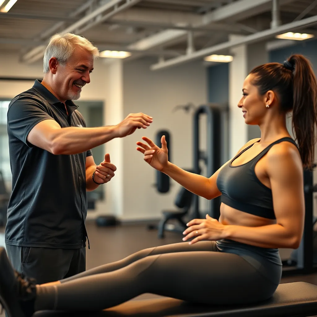 A photorealistic, ultra-high quality image of a chiropractor guiding a patient through a rehabilitation exercise program in a spacious, well-equipped gym. The patient is performing a controlled movement, focusing on core strengthening and flexibility. The chiropractor is dressed in athletic wear and provides clear instructions with a friendly and supportive demeanor. The image should showcase the patient's progress and the positive impact of rehabilitation on their overall well-being. Render the image in 8K resolution with dynamic lighting, capturing the textures of the gym equipment, the patient's clothing, and the energy of the exercise session.