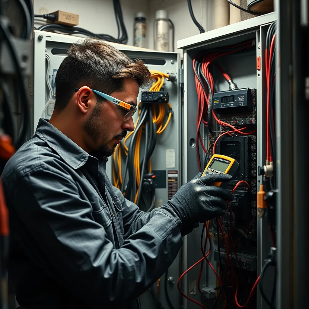 A photorealistic image depicting an electrician in a Manhattan apartment, working on a complex electrical panel. The electrician is wearing safety glasses and gloves, meticulously troubleshooting the issue with a digital multimeter. The room is filled with tools and wires, emphasizing the complexity of the job. The image should showcase the electrician's expertise and focus on efficiency, with a sense of urgency.