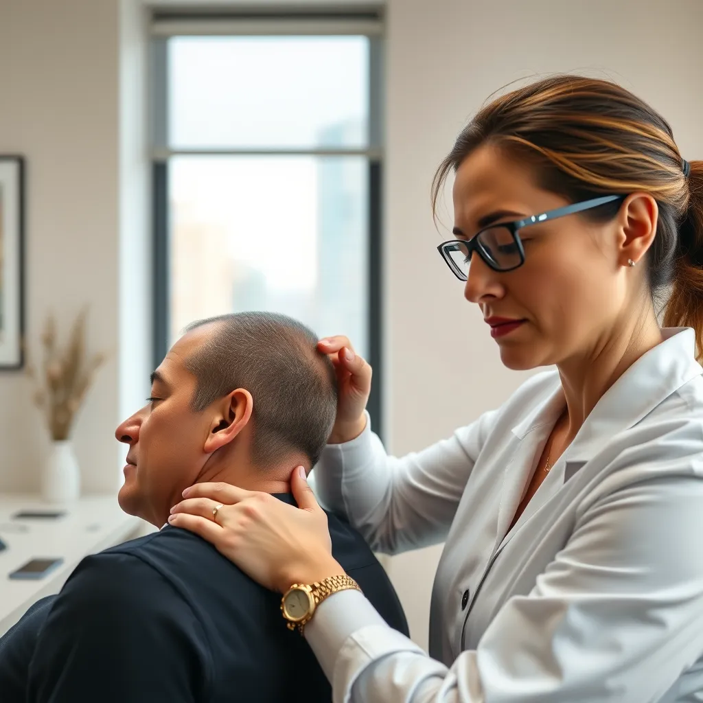 A photorealistic image of a chiropractor in a modern Manhattan office, gently adjusting a patient's spine. The background should be a calming, minimalist space with natural light streaming in. The patient should have a relaxed expression, showcasing the gentle nature of the treatment.