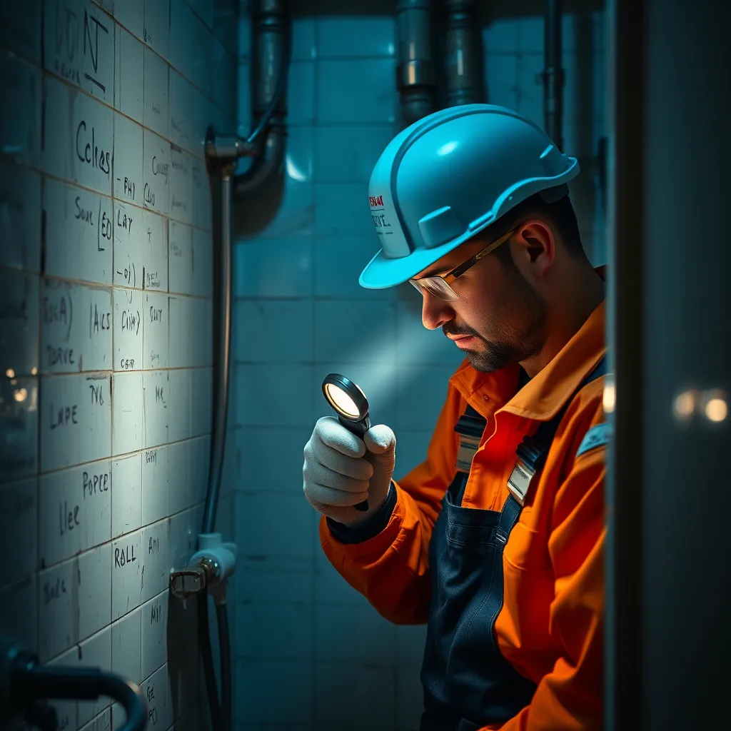 A photorealistic image of a plumber inspecting a leaking pipe in a Manhattan apartment bathroom. The plumber is using a flashlight to illuminate the problem area and is wearing protective gear. The image should focus on the plumber's expertise and the complexity of the plumbing issue.