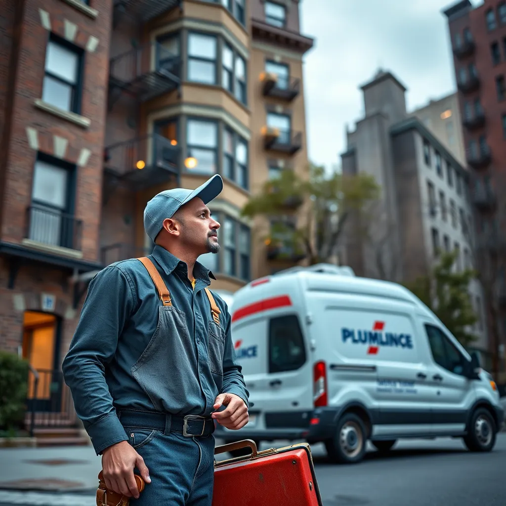 A photorealistic image of a plumber arriving at a residential building in Manhattan, with a service van in the background. The plumber is holding a toolbox and looking at the building with a professional, confident expression. The scene should convey a sense of speed and efficiency.