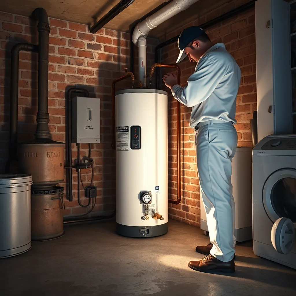 A photorealistic image of a plumber in a clean, white uniform, installing a brand new water heater in a basement laundry room. The scene is bathed in soft, diffused lighting, casting long shadows across the concrete floor. The plumber is using specialized tools to carefully connect the water heater to the plumbing system. The image should capture the intricate details of the water heater's components, including the pipes, valves, and electrical connections. The composition should be dynamic, with the plumber's body partially obscured by the water heater, creating a sense of depth and scale. The background should feature a traditional New York City basement with exposed brick walls, a rusty boiler, and a vintage washing machine. The overall mood should be one of professionalism and expertise.
