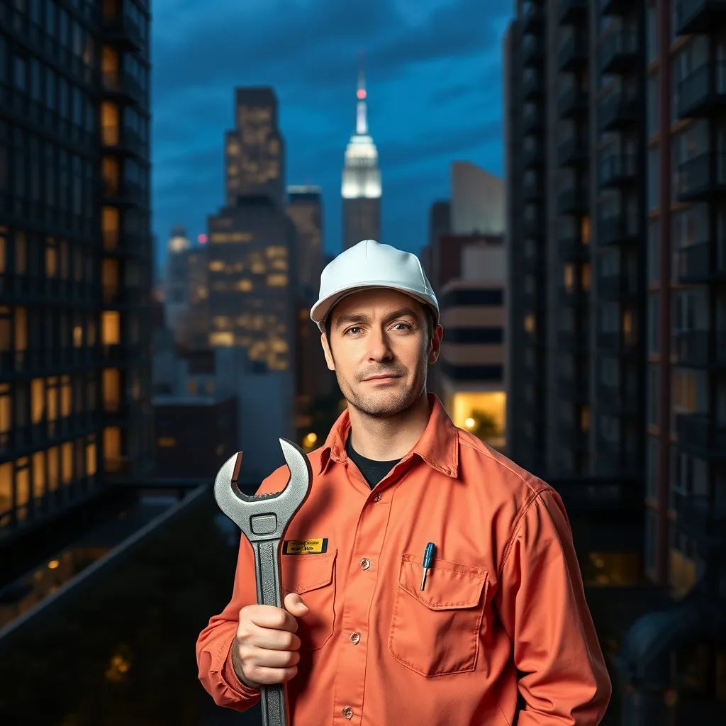 A photorealistic image of a plumber in a clean uniform, holding a wrench, standing in front of a modern Manhattan apartment building at night, with the lights on inside the building and the city skyline in the background. The plumber should have a concerned and helpful expression on their face.