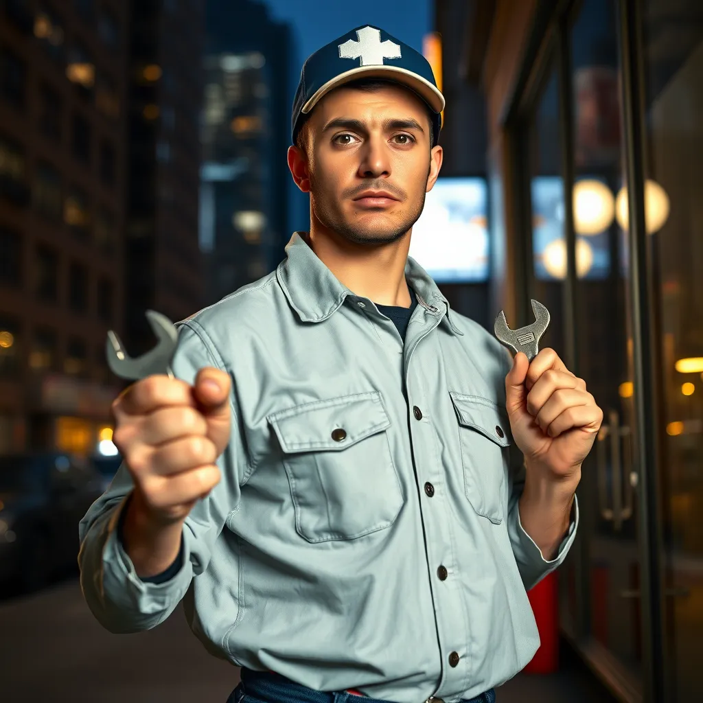 A photorealistic image of a plumber in a uniform holding a wrench and standing outside a building in Manhattan at night with the city lights in the background. The plumber has a determined expression on their face, suggesting they are ready to handle any emergency.
