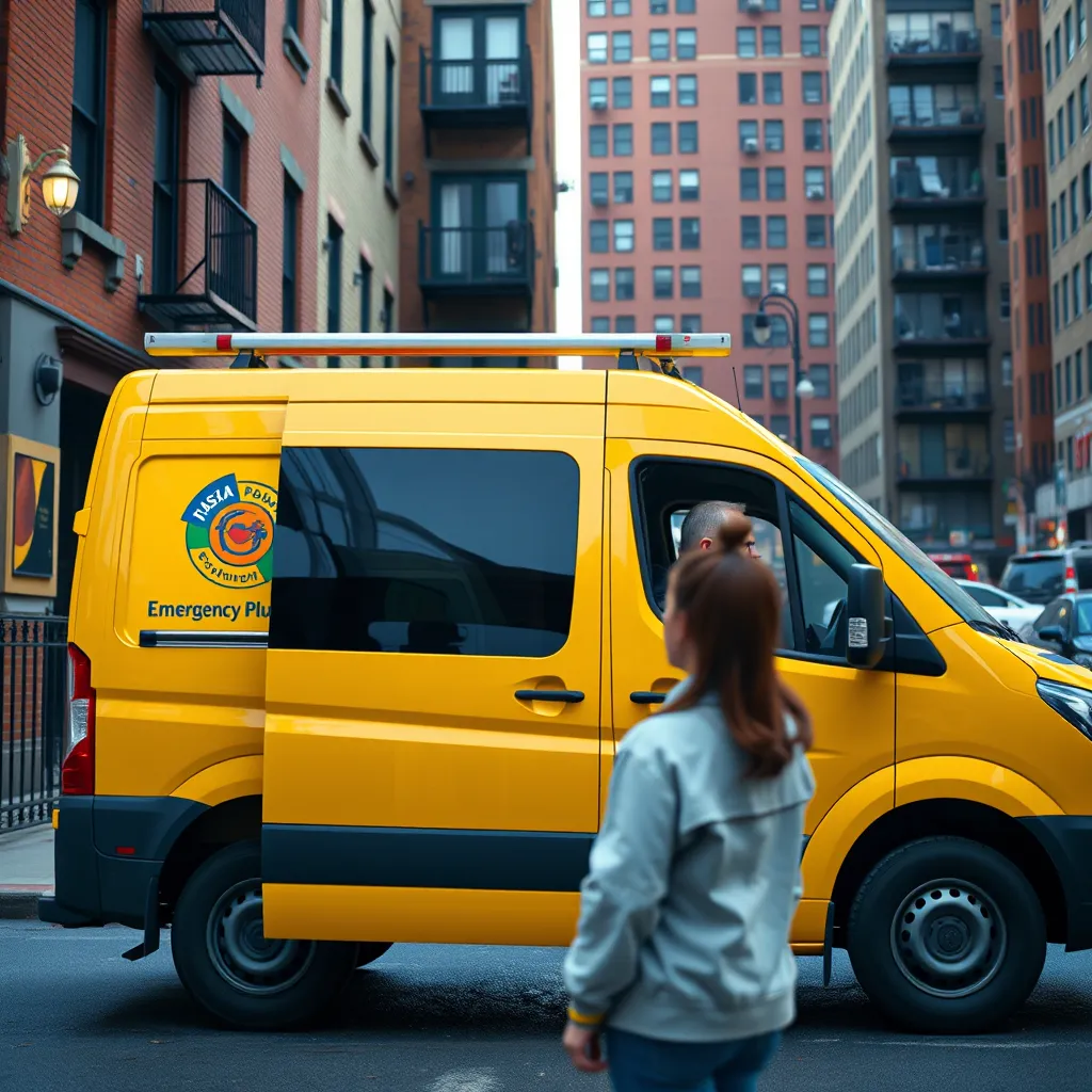 A photorealistic image of a plumber arriving at a residential building in a bright yellow van, with a woman standing outside looking worried. The van has the company logo and the words 'Emergency Plumber' on the side. The scene should be set in a bustling Manhattan street with other buildings in the background.