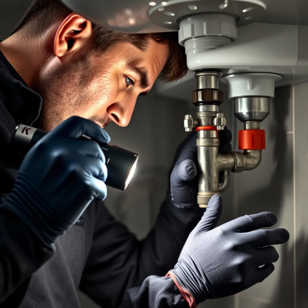A photorealistic image of a plumber wearing gloves, carefully inspecting a leaking pipe under a kitchen sink. He is holding a flashlight and using a specialized tool to identify the source of the leak. The image should focus on the plumber's focused expression and the detail of the tools and equipment being used.