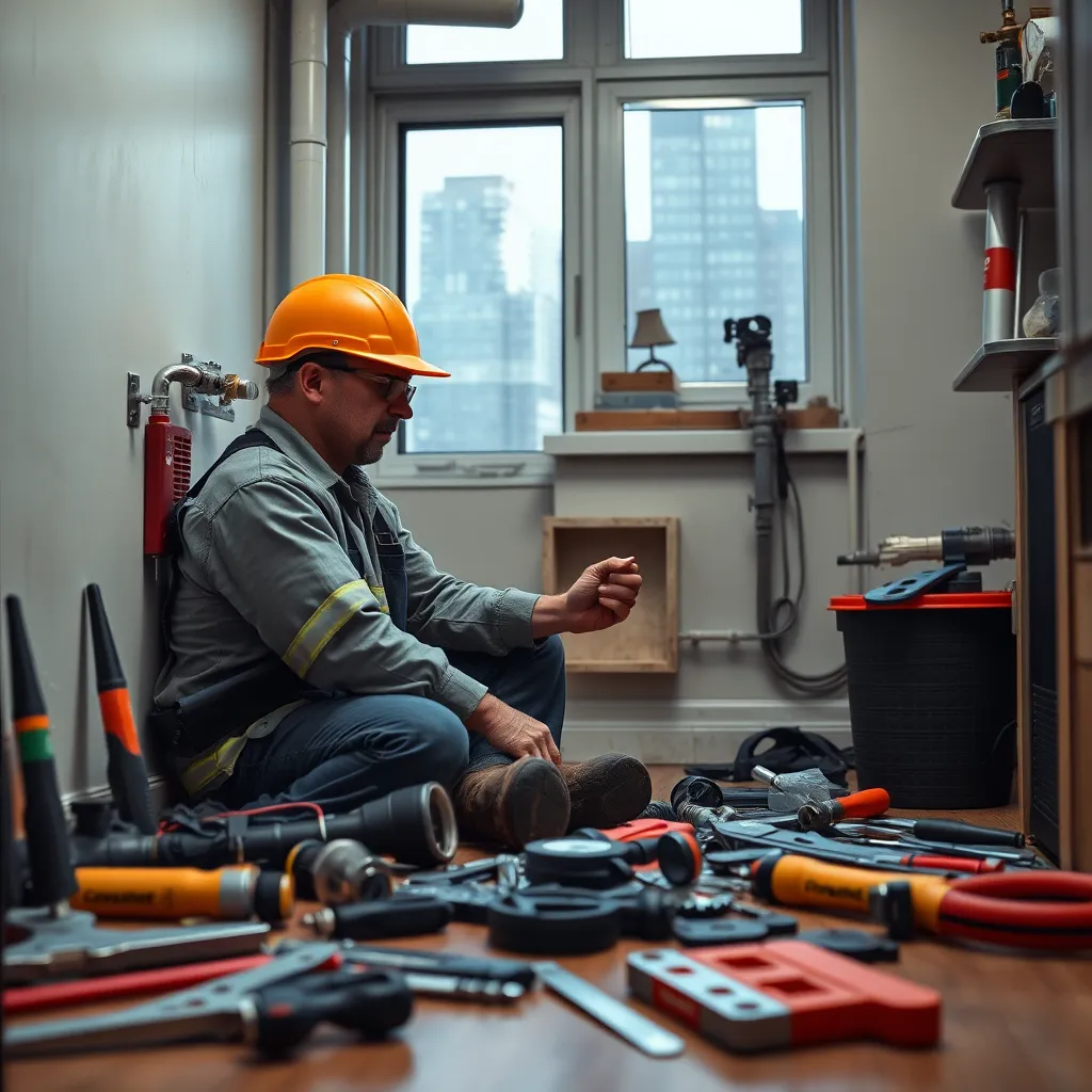 A photorealistic image of a plumber working inside a Manhattan apartment, fixing a pipe with a variety of tools spread out around them. The plumber is wearing protective gear and concentrating intently on their work. The image should highlight the professional expertise and tools used in emergency plumbing services.