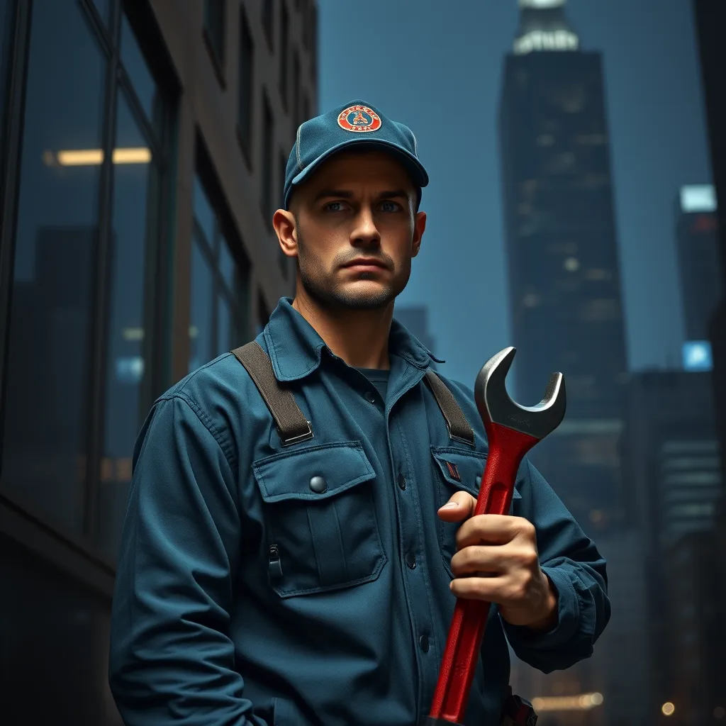 A photorealistic image of a plumber in a uniform, holding a wrench, standing in front of a building in Manhattan at night, with a cityscape backdrop. The plumber is looking determined and ready to help. The image should convey a sense of urgency and reliability.