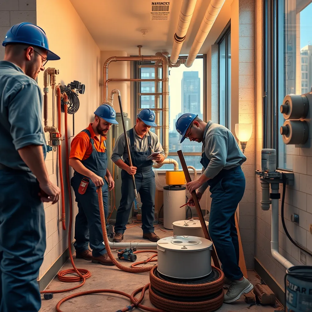 A photorealistic image of a team of plumbers working on a plumbing project in a Manhattan building. The plumbers are collaborating and using various tools and equipment. The image should depict a sense of teamwork and the professionalism of the plumbing service.