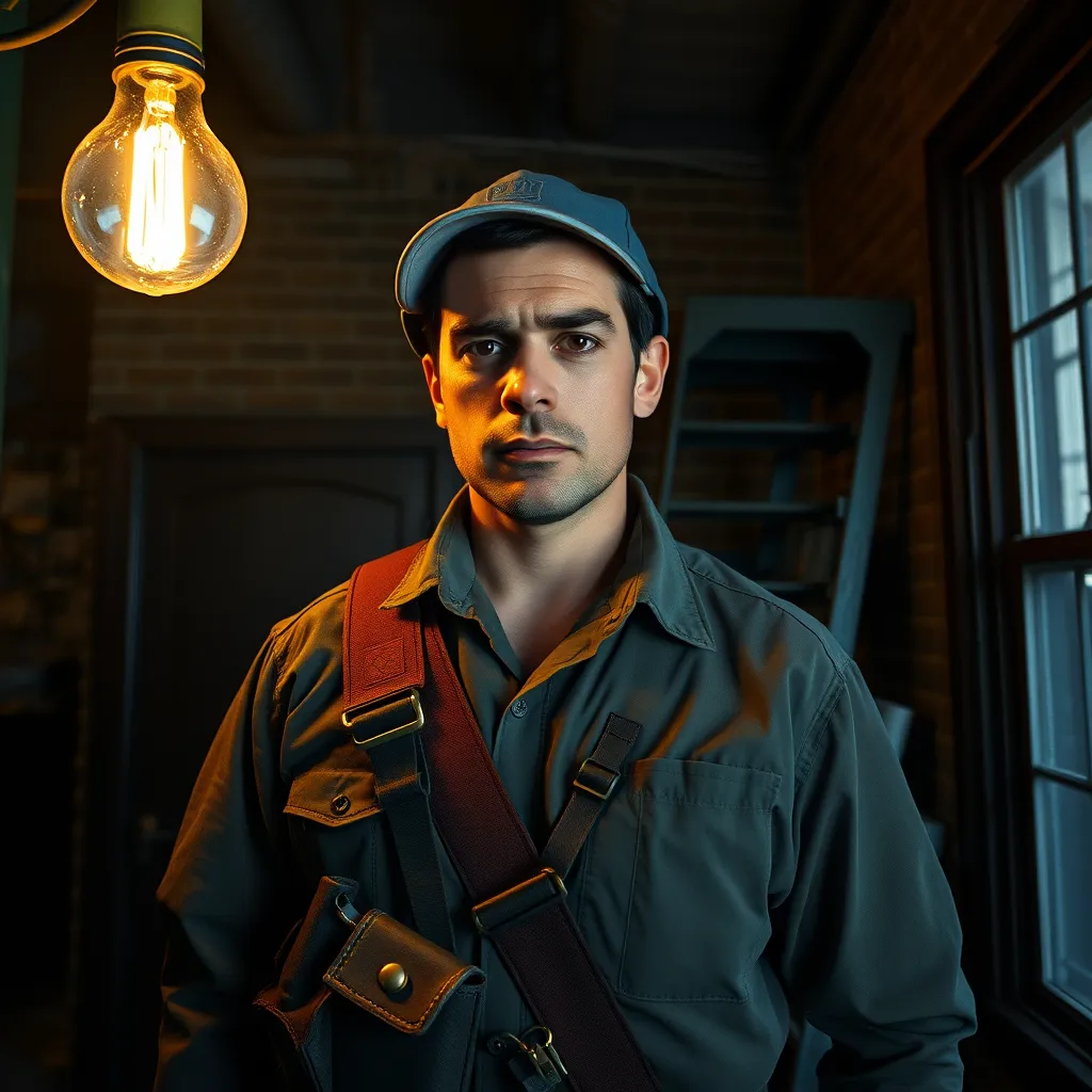 A photorealistic image of an electrician in a Manhattan apartment, wearing a uniform and holding a tool belt, looking determined and focused. The apartment is dimly lit, with a flickering light bulb, highlighting the urgency of the situation. The electrician's face is partially obscured by shadows, adding to the sense of mystery and suspense. The background features classic New York City apartment elements like exposed brick walls and a vintage fire escape.