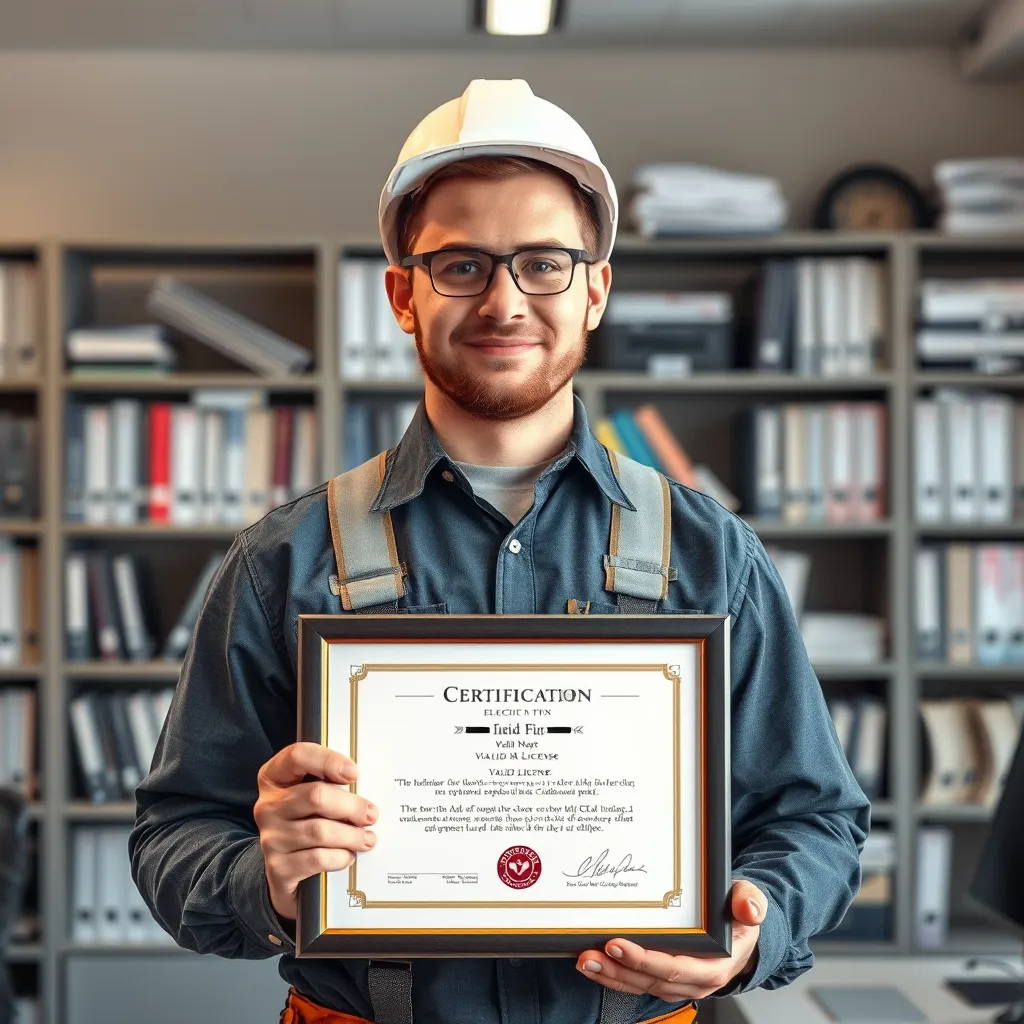 A professional electrician holding a framed certificate and a valid license, standing confidently in front of a bookshelf filled with technical manuals. The background should be a modern office with a clean and organized workspace, suggesting professionalism and expertise.