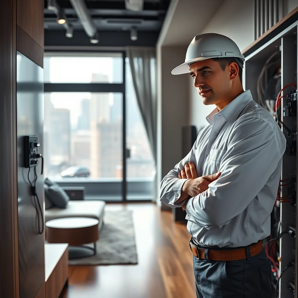 A professional electrician in a clean uniform, standing in a modern Manhattan apartment, confidently inspecting a complex electrical panel with various wires and switches. The background should show sleek, contemporary furniture and a large window overlooking a bustling city street.